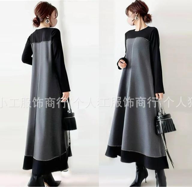 ロング丈 フレアワンピース 配色 長袖 大きいサイズ < 女性ファッション ロング丈 フレアワンピース 配色 長袖 大きいサイズ < 女性ファッションの