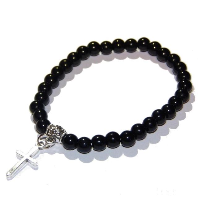 十字架 クロスモチーフ 天然石 黒色 ビーズ ブレスレット 数珠 < 男性アクセサリー/時計 十字架 クロスモチーフ 天然石 黒色 ビーズ ブレスレット 数珠 < 男性アクセサリー/時計の