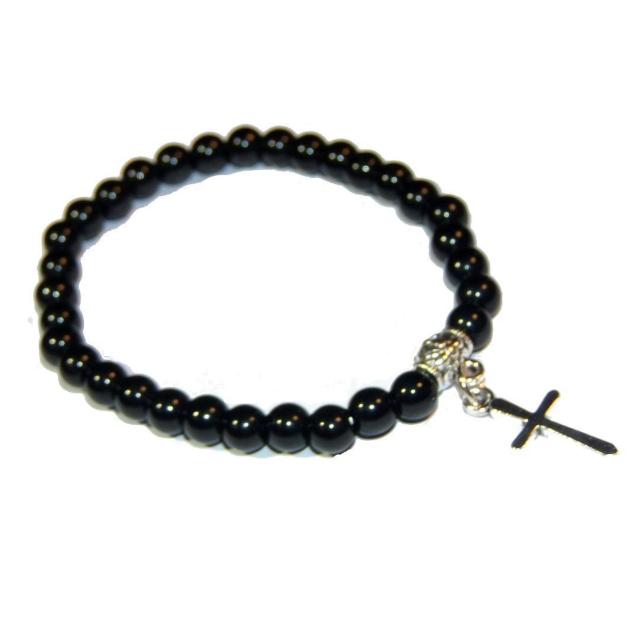 十字架 クロスモチーフ 天然石 黒色 ビーズ ブレスレット 数珠 < 男性アクセサリー/時計 十字架 クロスモチーフ 天然石 黒色 ビーズ ブレスレット 数珠 < 男性アクセサリー/時計の