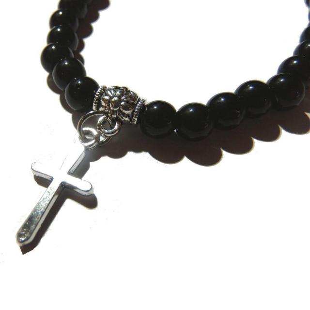 十字架 クロスモチーフ 天然石 黒色 ビーズ ブレスレット 数珠 < 男性アクセサリー/時計 十字架 クロスモチーフ 天然石 黒色 ビーズ ブレスレット 数珠 < 男性アクセサリー/時計の