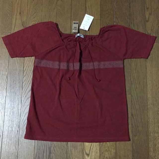 レンガ色 麻混半袖カットソー 首元リボン紐 Mサイズ < 女性ファッション  レンガ色 麻混半袖カットソー 首元リボン紐 Mサイズ  < 女性ファッションの