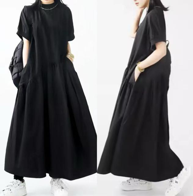 フレア Aライン ロング丈ワンピース シンプル 半袖 ブラック 大きいサイズ < 女性ファッション  フレア Aライン ロング丈ワンピース シンプル 半袖 ブラック 大きいサイズ  < 女性ファッションの