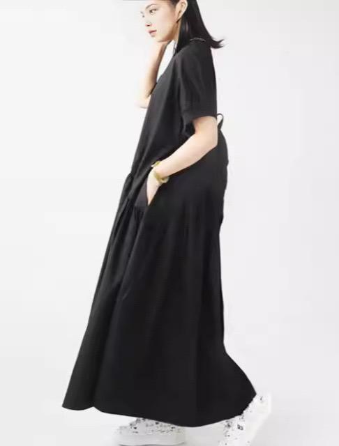 フレア Aライン ロング丈ワンピース シンプル 半袖 ブラック 大きいサイズ < 女性ファッション  フレア Aライン ロング丈ワンピース シンプル 半袖 ブラック 大きいサイズ < 女性ファッションの