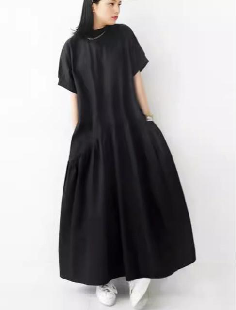 フレア Aライン ロング丈ワンピース シンプル 半袖 ブラック 大きいサイズ < 女性ファッション  フレア Aライン ロング丈ワンピース シンプル 半袖 ブラック 大きいサイズ < 女性ファッションの
