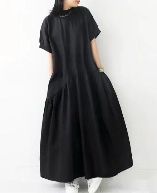 フレア Aライン ロング丈ワンピース シンプル 半袖 ブラック 大きいサイズ < 女性ファッション  フレア Aライン ロング丈ワンピース シンプル 半袖 ブラック 大きいサイズ < 女性ファッションの