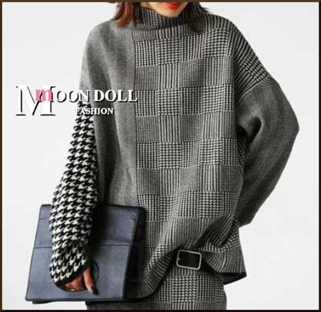 〜3L4L5L*千鳥格子×ヘリンボーンMIX切替ハイネックニットトッ < 女性ファッション 〜3L4L5L*千鳥格子×ヘリンボーンMIX切替ハイネックニットトッ < 女性ファッションの
