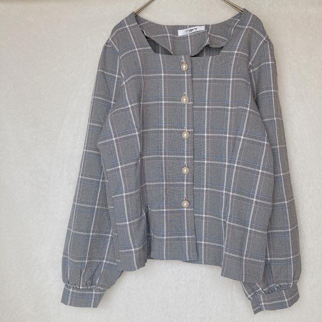 グレンチェック パールボタン 長袖 スクエアネック ノーカラー ブラウス シャツ N2m < 女性ファッション  グレンチェック パールボタン 長袖 スクエアネック ノーカラー ブラウス シャツ N2m < 女性ファッションの