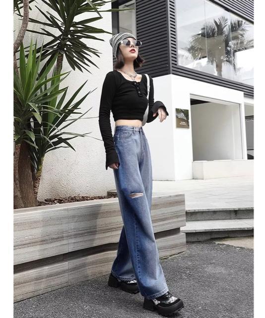 送料無料 新品 デニムワイドパンツ サイドダメージ韓国風 < 女性ファッション  送料無料 新品 デニムワイドパンツ サイドダメージ韓国風 < 女性ファッションの