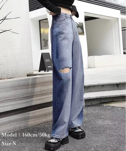 送料無料 新品 デニムワイドパンツ サイドダメージ韓国風 < 女性ファッション  送料無料 新品 デニムワイドパンツ サイドダメージ韓国風 < 女性ファッションの