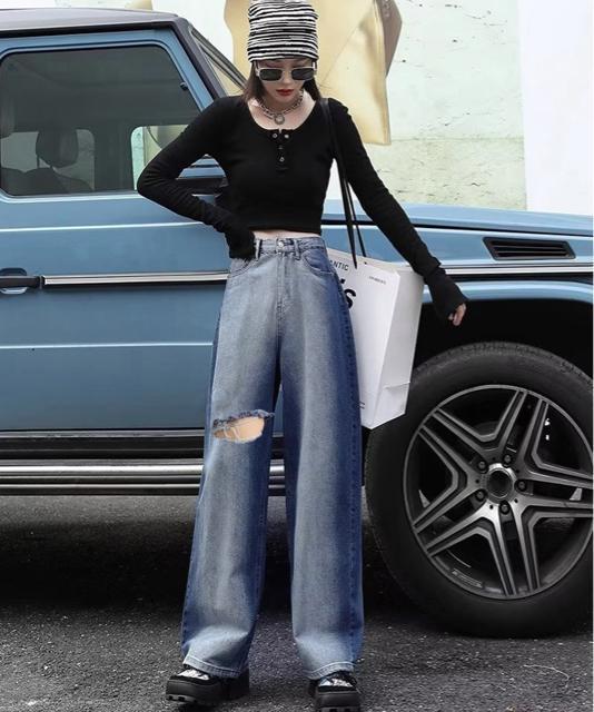 送料無料 新品 デニムワイドパンツ サイドダメージ韓国風 < 女性ファッション  送料無料 新品 デニムワイドパンツ サイドダメージ韓国風 < 女性ファッションの