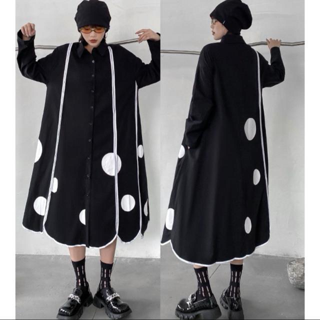 ロング丈 前開き シャツワンピース ドット柄 ブラック 大きいサイズ < 女性ファッション  ロング丈 前開き シャツワンピース ドット柄 ブラック 大きいサイズ  < 女性ファッションの