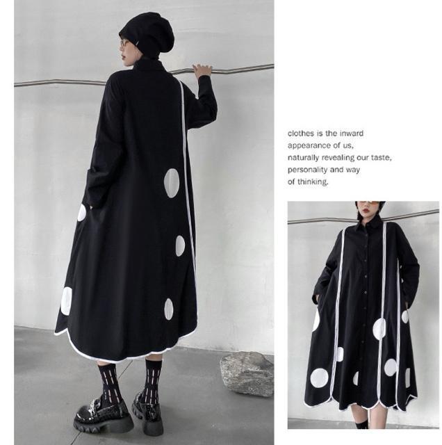 ロング丈 前開き シャツワンピース ドット柄 ブラック 大きいサイズ < 女性ファッション  ロング丈 前開き シャツワンピース ドット柄 ブラック 大きいサイズ < 女性ファッションの