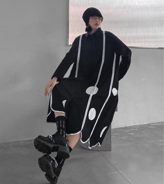 ロング丈 前開き シャツワンピース ドット柄 ブラック 大きいサイズ < 女性ファッション  ロング丈 前開き シャツワンピース ドット柄 ブラック 大きいサイズ < 女性ファッションの