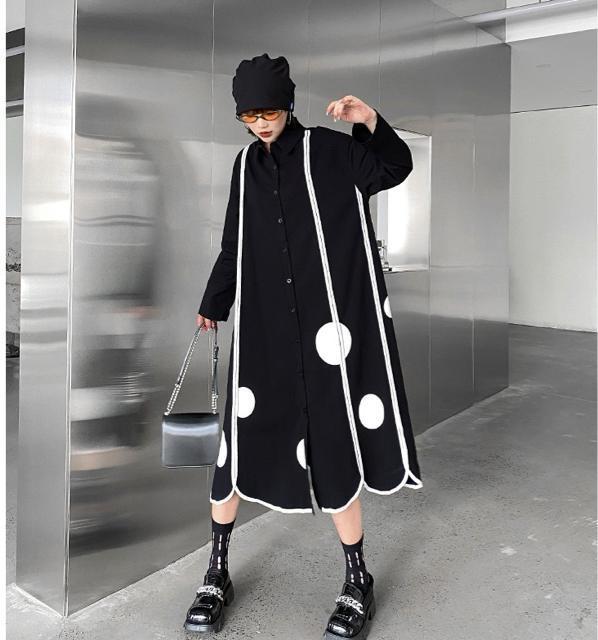 ロング丈 前開き シャツワンピース ドット柄 ブラック 大きいサイズ < 女性ファッション  ロング丈 前開き シャツワンピース ドット柄 ブラック 大きいサイズ < 女性ファッションの