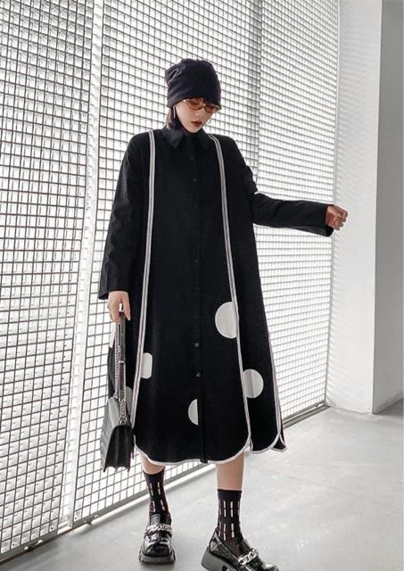 ロング丈 前開き シャツワンピース ドット柄 ブラック 大きいサイズ < 女性ファッション  ロング丈 前開き シャツワンピース ドット柄 ブラック 大きいサイズ < 女性ファッションの