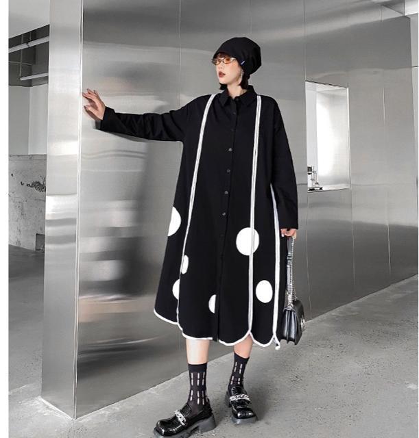 ロング丈 前開き シャツワンピース ドット柄 ブラック 大きいサイズ < 女性ファッション  ロング丈 前開き シャツワンピース ドット柄 ブラック 大きいサイズ < 女性ファッションの