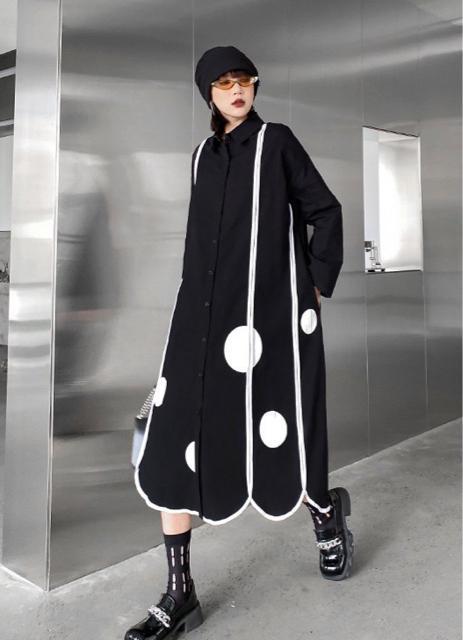 ロング丈 前開き シャツワンピース ドット柄 ブラック 大きいサイズ < 女性ファッション  ロング丈 前開き シャツワンピース ドット柄 ブラック 大きいサイズ < 女性ファッションの
