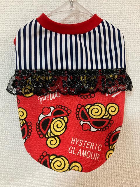 M★ハンドメイド ヒスミニ シャツ フェイス柄 赤 ストライプ フリル 犬服★ < ペット/手芸/園芸  M★ハンドメイド ヒスミニ シャツ フェイス柄 赤 ストライプ フリル 犬服★  < ペット/手芸/園芸の