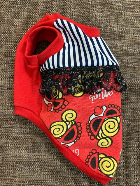 M★ハンドメイド ヒスミニ シャツ フェイス柄 赤 ストライプ フリル 犬服★ < ペット/手芸/園芸  M★ハンドメイド ヒスミニ シャツ フェイス柄 赤 ストライプ フリル 犬服★ < ペット/手芸/園芸の