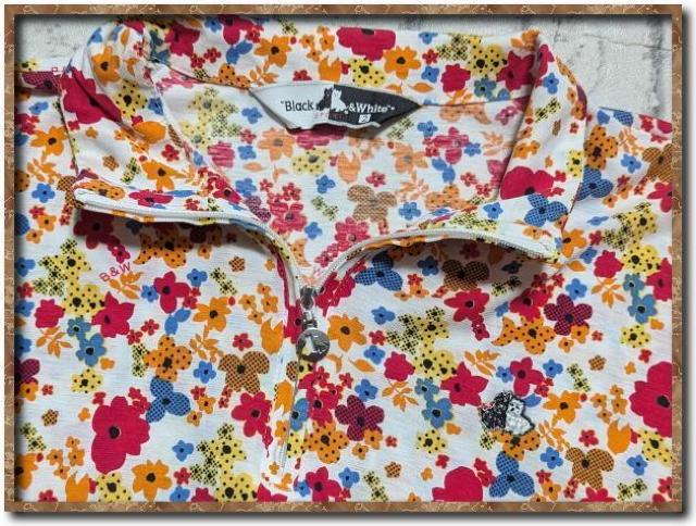 ブラック&ホワイト 刺繍入り花柄ポロシャツ 白 < レジャー/スポーツ ブラック&ホワイト 刺繍入り花柄ポロシャツ 白 < レジャー/スポーツの