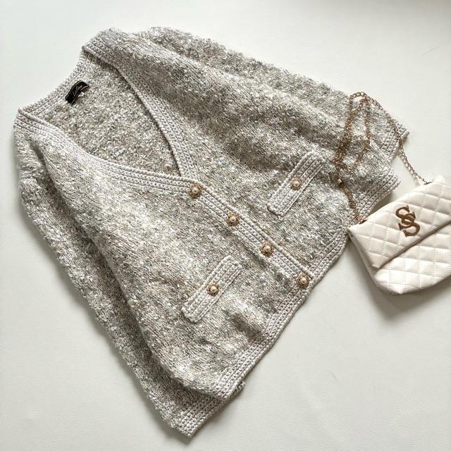 ◆美品◆レリアンプラス◆ツイードニットカーディガン◆ラメ◆パールボタン◆XL < ブランド ◆美品◆レリアンプラス◆ツイードニットカーディガン◆ラメ◆パールボタン◆XL < ブランドの