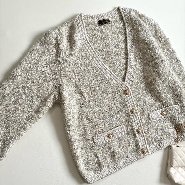 ◆美品◆レリアンプラス◆ツイードニットカーディガン◆ラメ◆パールボタン◆XL < ブランド ◆美品◆レリアンプラス◆ツイードニットカーディガン◆ラメ◆パールボタン◆XL < ブランドの