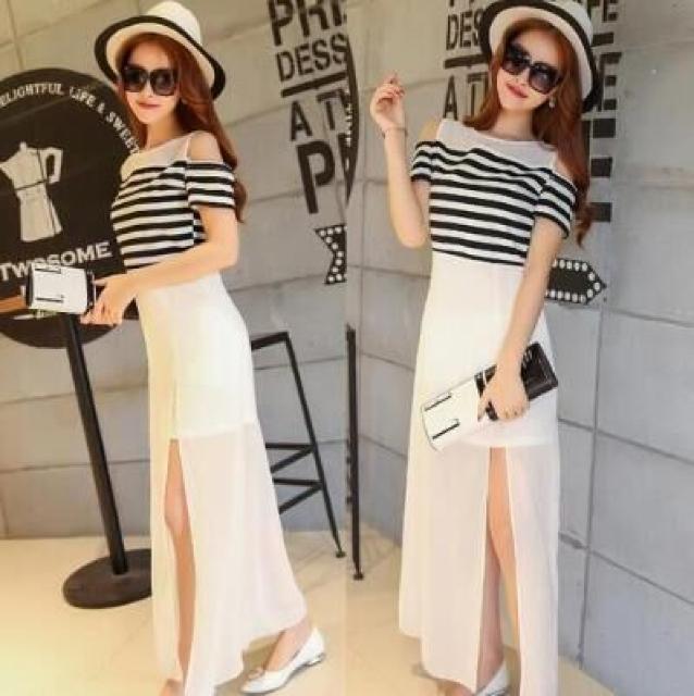 残1点990円★新作 オフショルボーダーマキシ丈ワンピ白M < 女性ファッション 残1点990円★新作 オフショルボーダーマキシ丈ワンピ白M < 女性ファッションの