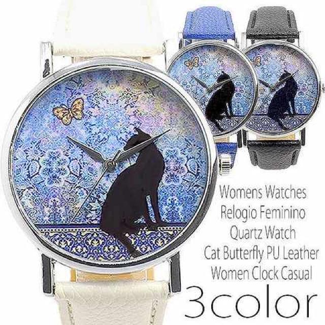 ★黒猫と蝶と水彩アート幻想レディース腕時計T019WHT < 女性アクセサリー/時計  ★黒猫と蝶と水彩アート幻想レディース腕時計T019WHT < 女性アクセサリー/時計の
