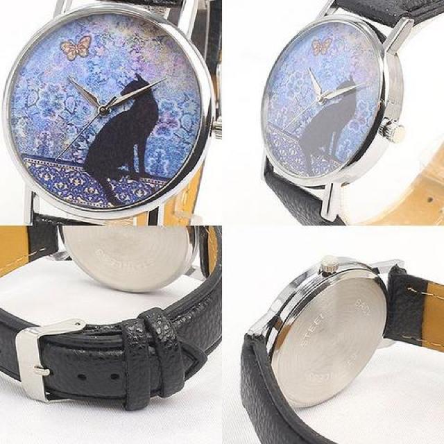 ★黒猫と蝶と水彩アート幻想レディース腕時計T019WHT < 女性アクセサリー/時計  ★黒猫と蝶と水彩アート幻想レディース腕時計T019WHT < 女性アクセサリー/時計の