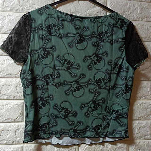 新品★スカル柄ショート丈袖メッシュ半袖T/DG/L < 女性ファッション  新品★スカル柄ショート丈袖メッシュ半袖T/DG/L < 女性ファッションの
