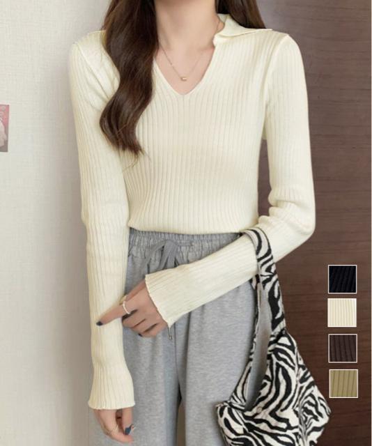 送料無料 新品 リブニットトップス Vネック 春秋冬 < 女性ファッション  送料無料 新品 リブニットトップス Vネック 春秋冬  < 女性ファッションの