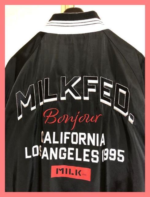 ☆ミルクフェド☆超美品レア♪完売バック刺繍ロゴラインスタジャン黒☆ < ブランド ☆ミルクフェド☆超美品レア♪完売バック刺繍ロゴラインスタジャン黒☆ < ブランドの