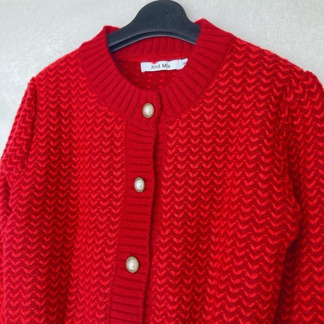 Knit Mix 編み込み ニット セーター カーディガン パールボタン 赤 S N2m < 女性ファッション Knit Mix 編み込み ニット セーター カーディガン パールボタン 赤 S N2m < 女性ファッションの