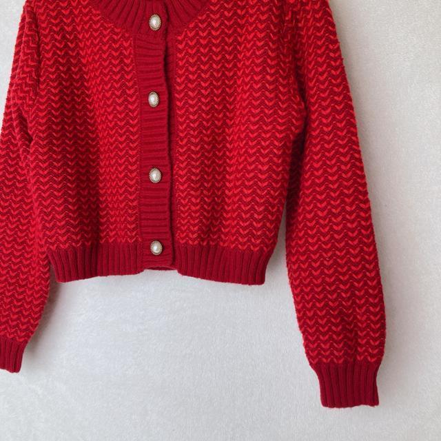 Knit Mix 編み込み ニット セーター カーディガン パールボタン 赤 S N2m < 女性ファッション Knit Mix 編み込み ニット セーター カーディガン パールボタン 赤 S N2m < 女性ファッションの