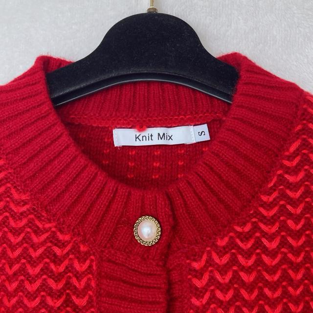 Knit Mix 編み込み ニット セーター カーディガン パールボタン 赤 S N2m < 女性ファッション Knit Mix 編み込み ニット セーター カーディガン パールボタン 赤 S N2m < 女性ファッションの