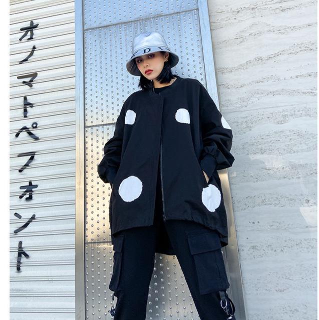 前開きジップアップジャケット ワイド ドット柄 ブラック 大きいサイズ < 女性ファッション 前開きジップアップジャケット ワイド ドット柄 ブラック 大きいサイズ < 女性ファッションの