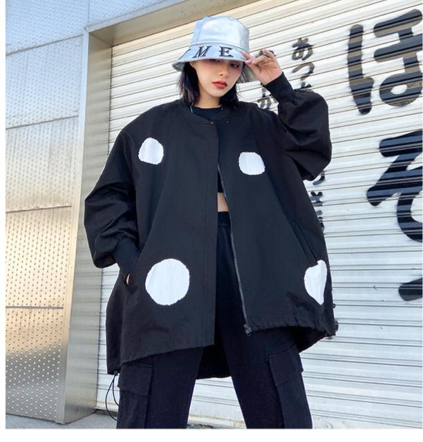 前開きジップアップジャケット ワイド ドット柄 ブラック 大きいサイズ < 女性ファッション 前開きジップアップジャケット ワイド ドット柄 ブラック 大きいサイズ < 女性ファッションの