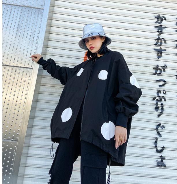 前開きジップアップジャケット ワイド ドット柄 ブラック 大きいサイズ < 女性ファッション 前開きジップアップジャケット ワイド ドット柄 ブラック 大きいサイズ < 女性ファッションの