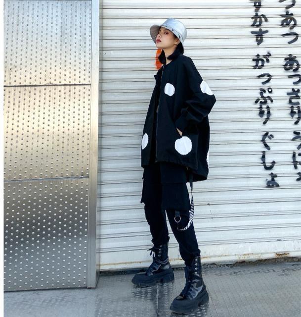 前開きジップアップジャケット ワイド ドット柄 ブラック 大きいサイズ < 女性ファッション 前開きジップアップジャケット ワイド ドット柄 ブラック 大きいサイズ < 女性ファッションの