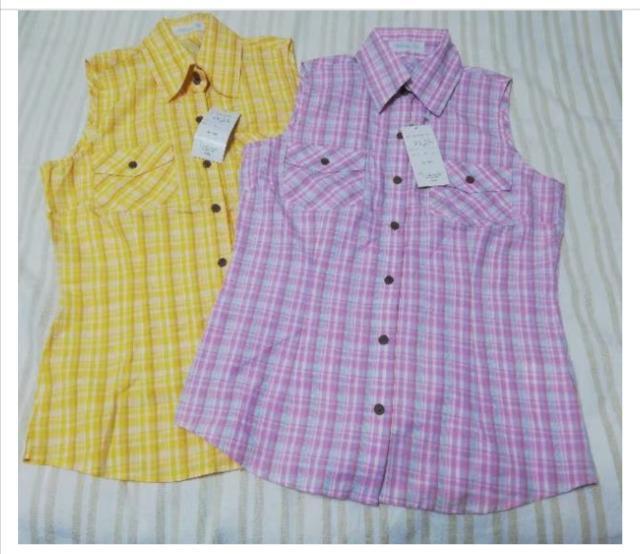 襟付ノースリーブシャツ ブラウス  チェック柄  コットン 2枚セット イエロー&ピンク < 女性ファッション  襟付ノースリーブシャツ ブラウス  チェック柄  コットン 2枚セット イエロー&ピンク  < 女性ファッションの