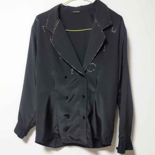 ビジュー付きサテンシャツ 長袖 黒ダブル スパンコール 80年代ディスコティック < 女性ファッション  ビジュー付きサテンシャツ 長袖 黒ダブル スパンコール 80年代ディスコティック < 女性ファッションの