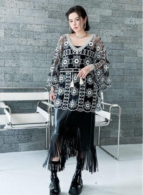 シースルー ポンチョ風 トップス チュニック ウエスト絞り 花柄 大きいサイズ < 女性ファッション シースルー ポンチョ風 トップス チュニック ウエスト絞り 花柄 大きいサイズ < 女性ファッションの