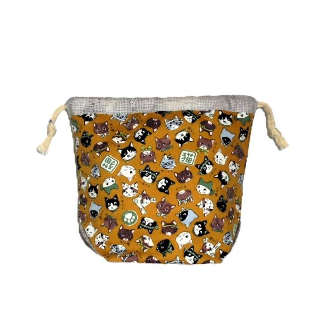 【底マチ幅が広い巾着】◆日本猫◆日本のねこちゃん図鑑・黄色×ベージュ◆裏地あり巾着 < 女性ファッション 【底マチ幅が広い巾着】◆日本猫◆日本のねこちゃん図鑑・黄色×ベージュ◆裏地あり巾着 < 女性ファッションの