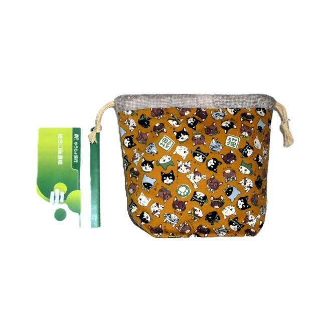 【底マチ幅が広い巾着】◆日本猫◆日本のねこちゃん図鑑・黄色×ベージュ◆裏地あり巾着 < 女性ファッション 【底マチ幅が広い巾着】◆日本猫◆日本のねこちゃん図鑑・黄色×ベージュ◆裏地あり巾着 < 女性ファッションの