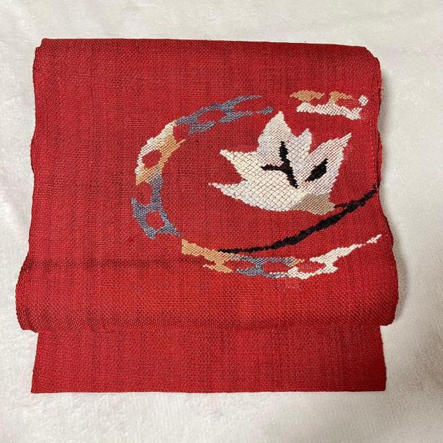 夏帯 名古屋帯 刺繍 赤系 植物柄 着用可 リメイクにも 紗 羅 < 女性ファッション 夏帯 名古屋帯 刺繍 赤系 植物柄 着用可 リメイクにも 紗 羅 < 女性ファッションの
