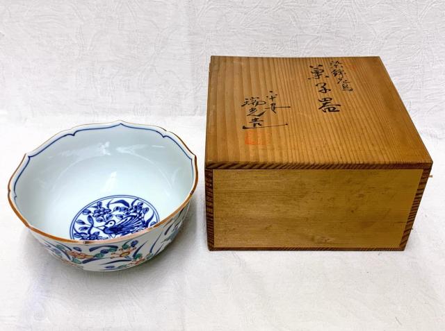 18410 染錦花鳥文 菓子器 瑞峯造 木箱付 手描き 伝統工芸品 古美術