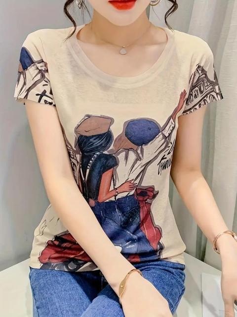超お買い得1590円★女性向けのプリントショートスリーブTシャツ、丸いネック、日常着用にUSAサイズS(日本サイズL相当) < 女性ファッション  超お買い得1590円★女性向けのプリントショートスリーブTシャツ、丸いネック、日常着用にUSAサイズS(日本サイズL相当)  < 女性ファッションの