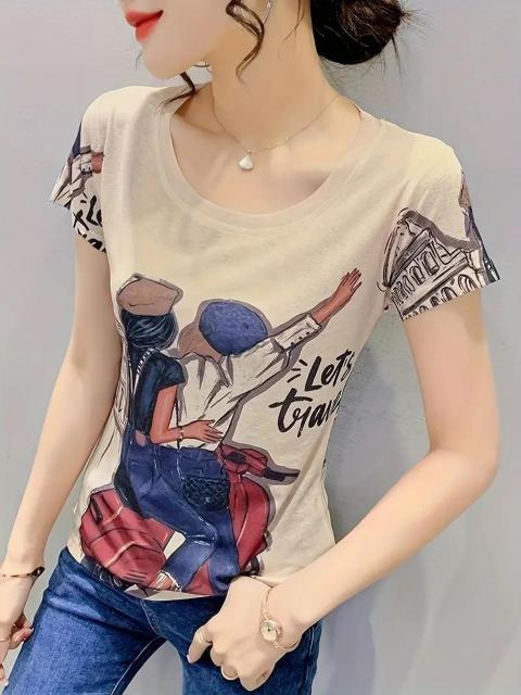 超お買い得1590円★女性向けのプリントショートスリーブTシャツ、丸いネック、日常着用にUSAサイズS(日本サイズL相当) < 女性ファッション  超お買い得1590円★女性向けのプリントショートスリーブTシャツ、丸いネック、日常着用にUSAサイズS(日本サイズL相当) < 女性ファッションの
