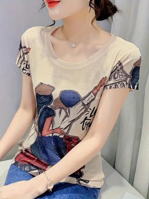 超お買い得1590円★女性向けのプリントショートスリーブTシャツ、丸いネック、日常着用にUSAサイズS(日本サイズL相当) < 女性ファッション  超お買い得1590円★女性向けのプリントショートスリーブTシャツ、丸いネック、日常着用にUSAサイズS(日本サイズL相当) < 女性ファッションの