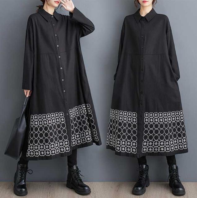 前開き シャツワンピース 刺繍花柄&ドット柄 ブラック 大きいサイズ < 女性ファッション 前開き シャツワンピース 刺繍花柄&ドット柄 ブラック 大きいサイズ < 女性ファッションの